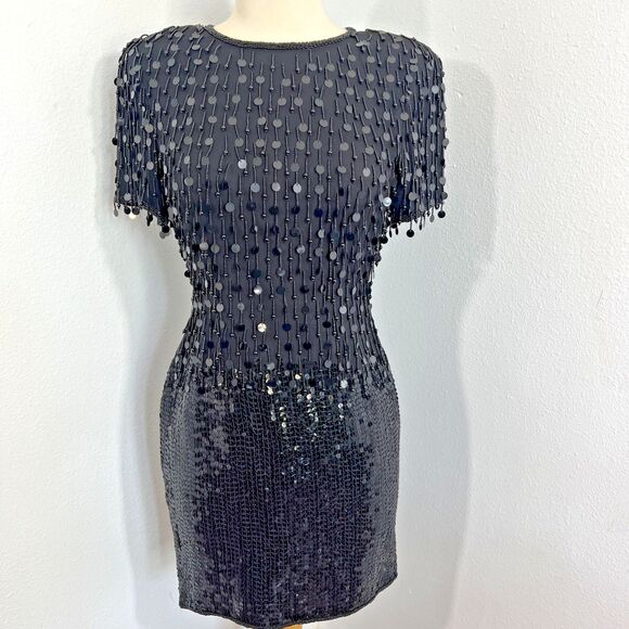 Kathryn Conover Mini Dress Womens 4 Black  Beaded Sequins Whimsical Goth Party - Picture 1 of 11